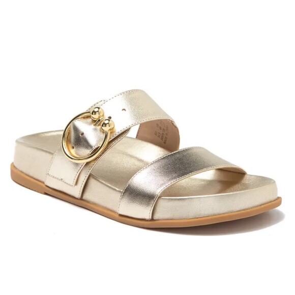Stuart Weitzman Joni Women New Slide Sandal Sz 10 Gold Leather Adjustable Strap - Picture 1 of 6